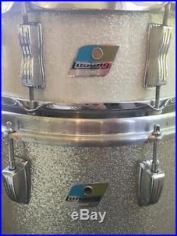 1970s Ludwig Blue & Olive Badge Drum Kit Set 22, 16, 14, 13 Silver Sparkle