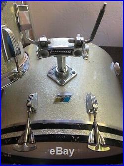 1970s Ludwig Blue & Olive Badge Drum Kit Set 22, 16, 14, 13 Silver Sparkle