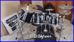 2001 Tama Rockstar 6 piece black drum set with cymbals and hardware