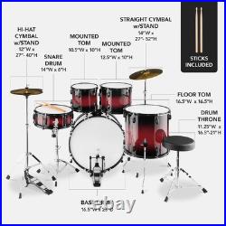 5 Piece Full Size Adult Drum Set Complete Kit Cymbals Stool Dark Cherry Sunburst
