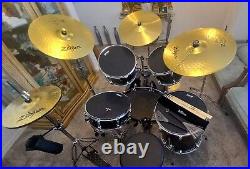 5pc Complete Full Size Pro Adult Drum Set Kit Remo Heads, Zildjian Cymbals