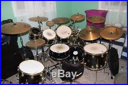 7 pc DW Collector's Drum Set Black with Gold Hardware + 9 Cymbals + flight cases