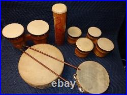 Antique 8 Piece Drums Tambourine Bongos And Drum Sticks Vintage Set See Pictures