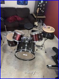 CB Drums 5-Piece Acoustic Drum Kit Bass, Snare, Toms, Cymbals Black Burgundy