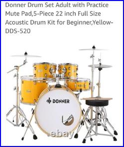 Donner Drum Set Adult with Practice Mute Pad, 5-Piece 22 inch Full Size Acoustic