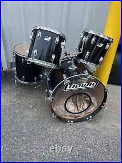 Ludwig Rocker 1980's Black 4 Piece Drum Set 2 Rack Toms Floor Bass See Details