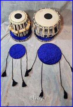 Maharaja TABLA Drum Set- Chromed Brass Bayan, Dayan, BLUE Cushions/Cover, Hammer