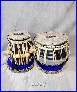 Maharaja TABLA Drum Set- Chromed Brass Bayan, Dayan, BLUE Cushions/Cover, Hammer