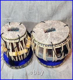 Maharaja TABLA Drum Set- Chromed Brass Bayan, Dayan, BLUE Cushions/Cover, Hammer