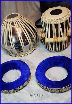 Maharaja TABLA Drum Set- Chromed Brass Bayan, Dayan, BLUE Cushions/Cover, Hammer