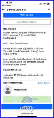 Mapex Venus Complete 5-Piece Drum Set withHardware/Cymbals White Marblewood