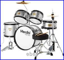 Mendini By Cecilio Kids Drum Set Starter Drums with Bass, Toms, Snare, Silver