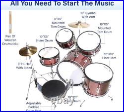 Mendini By Cecilio MJDS-5-WR Wood 5 Pieces Drum Set with Bass, Red Wine Metallic