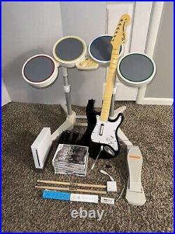 Nintendo Wii Console Rock Band MEGA Bundle- Guitar Dongles Drums Games YELLOWING