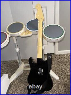 Nintendo Wii Console Rock Band MEGA Bundle- Guitar Dongles Drums Games YELLOWING
