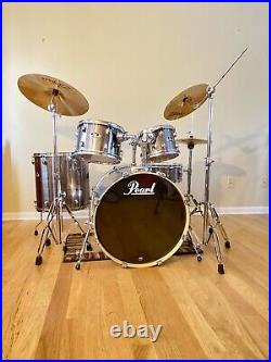 Pearl Export Smokey Chrome 5 Piece Drumset, 3 Piece Zildjian Cymbals, Double Kick