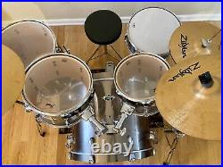 Pearl Export Smokey Chrome 5 Piece Drumset, 3 Piece Zildjian Cymbals, Double Kick