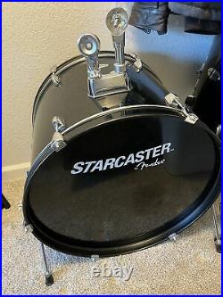Starcaster Fender Drum set 7 Piece Black Acoustic Bass Tom Snare Cymbal High Hat