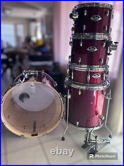 Used Red pearl export drum set with Zildjian Hihat, Ride and Crashes