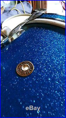 VINTAGE ORIG GRETSCH ROUND BADGE 60S 13/16/22. 14x5.5 DRUMSET SPARKLE BLUE MINT
