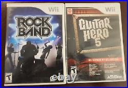 Wii Guitar Hero 5 & Rockband Games Super Bundle Kit Drums Mic Pedal USB Hub Lot