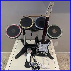 Wii Rock Band 2 Bundle Set Wireless Drums Guitar Dongles Mic Pedal Sticks Tested