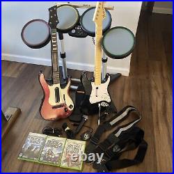 Wired Xbox 360 Rock Band Drum Set + Wired & Wireless Guitar + Mic&Games READ DES