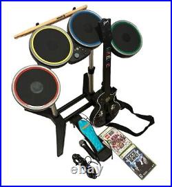 XBOX 360 Rock Band Drum Set Kit Complete Bundle 2 Games Mic Gibson Guitar Pedal