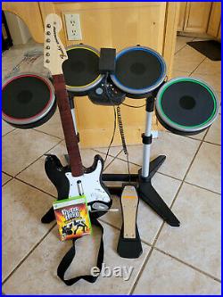 Xbox 360 Harmonix Rock Band Drum Set w Fender Guitar, Pedal, Guitar Hero World
