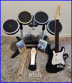 Xbox 360 Rock Band 2 Wireless Bundle Kit Fender Guitar Drums Mic Game With Games