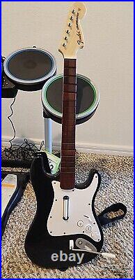 Xbox 360 Rock Band 2 Wireless Bundle Kit Fender Guitar Drums Mic Game With Games