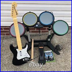 Xbox 360 Rock Band Wired Drum Set Bundle Drums Guitar and Game Rockband
